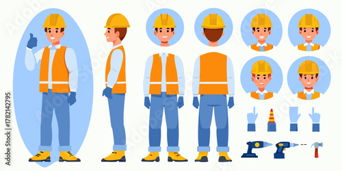 Construction worker character set with multiple views and accessories for design projects