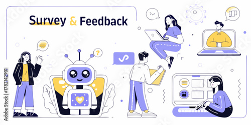 Diverse people and robot interacting with technology for survey and feedback collection
