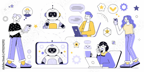 Diverse people interacting with ai chatbots and robots through technology for communication and support