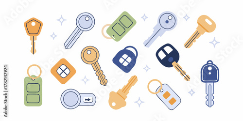 Collection of flat design car keys and keychains with sparkling accents on a white background