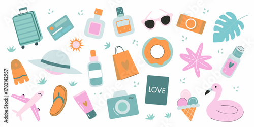 Collection of cute cartoon travel and vacation essentials with a summery theme