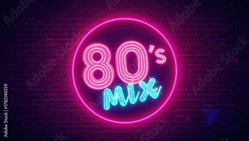 1980s music mix, retro disco style with neon elements, ideal for a vibrant party backdrop