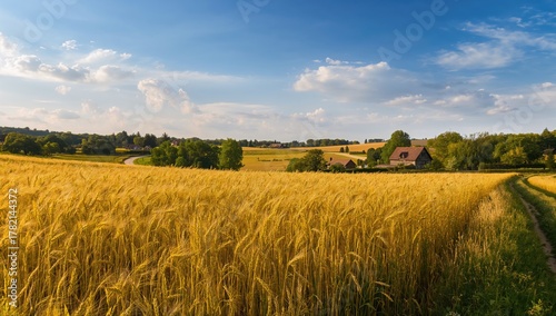 Fototapeta Naklejka Na Ścianę i Meble -  Golden wheat fields illuminated by sunlight in a rural summer landscape, showcasing the beauty of harvest season