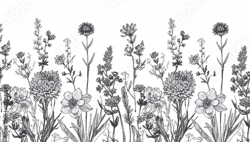 Hand-drawn seamless border featuring flowers and herbs, suitable for editorial layouts, Easter decor