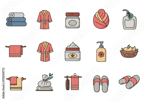A grid of spa and bathroom icons featuring towels robes creams and slippers