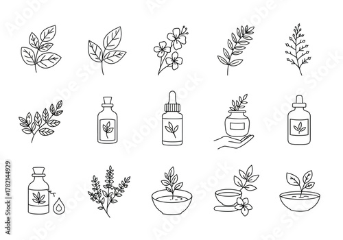Black and white line art icons depicting various botanical elements and herbal product containers