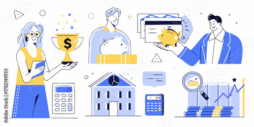 Financial success and planning with people trophy piggy bank calculator and charts