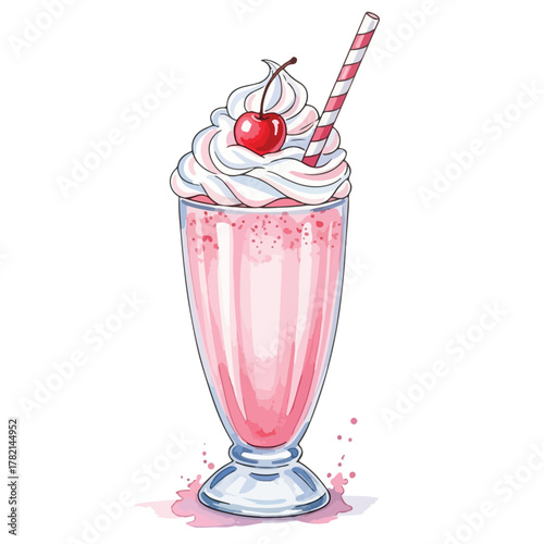 Vector Illustration of Milkshake with Cherry and Striped Straw in Modern Cartoon Style