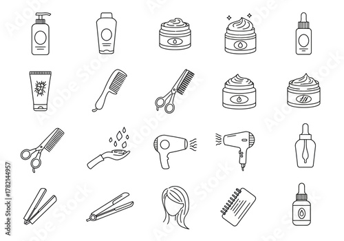 Black and white line art icons depicting various hair care products and styling tools