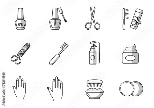 Black and white icons of twelve beauty and personal care items arranged in a threebyfour grid