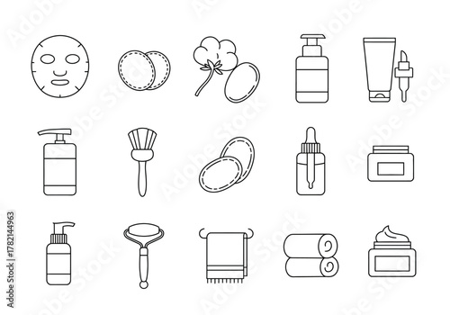 Black and white line art icons depicting various skincare and cosmetic products and tools