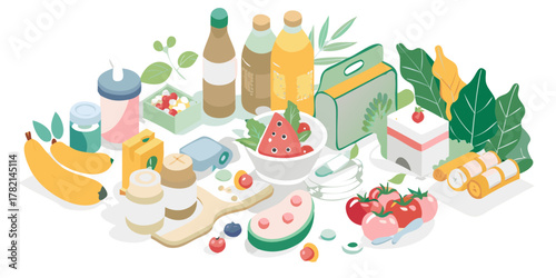 A vibrant isometric illustration of healthy food and drinks arranged on a dark background