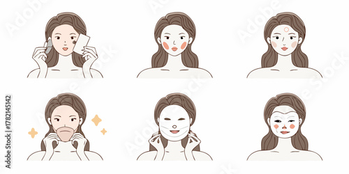 Step by step illustration of a woman applying a facial sheet mask for skincare routine
