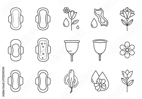 Black and white line icons depicting various menstrual hygiene products and related natural elements
