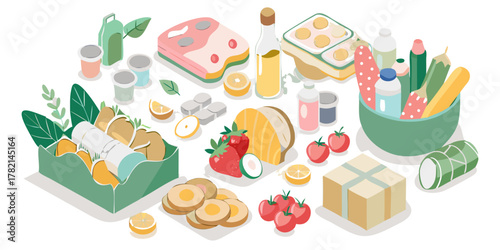 A colorful isometric illustration of various food items and kitchen essentials arranged on a black background