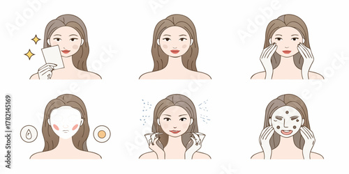 Woman applying a facial sheet mask and performing a multi step skincare routine for healthy glowing skin