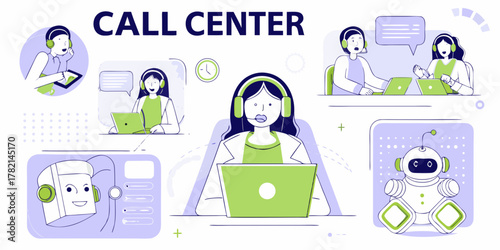 Modern call center operations featuring human agents and ai robot support