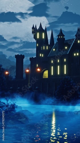 Gothic castle with a full moon and mist by the water, creating a dark, enchanted landscape. NOT AI