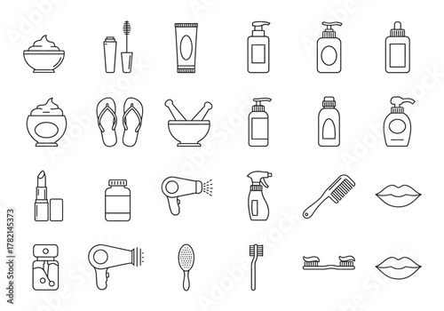 Black outline icons depicting various personal care and hygiene products arranged in a grid