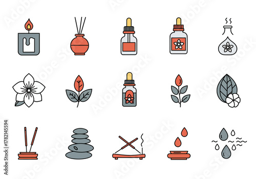 Collection of fifteen colorful icons related to aromatherapy and spa