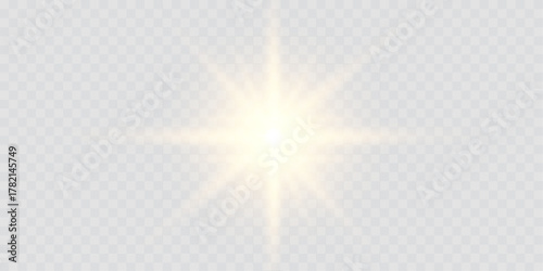 Vector transparent sunlight lens flare and glow effect with flashing lights, glittering stars, and bright sparks. Features yellow light effect, reflections, and neon illumination for radiant designs.