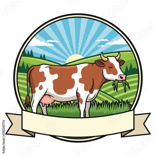 Charming dairy cow grazing peacefully in vibrant green pasture under a bright sunlit sky, perfect for farm branding and organic product promotion.