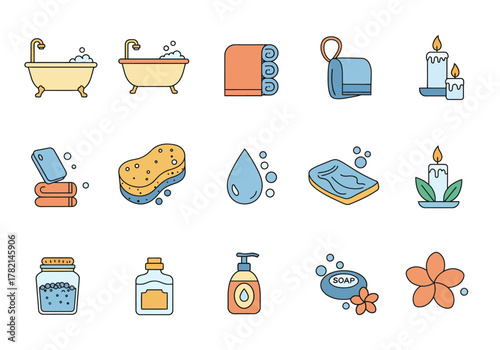 Fifteen icons depicting various bath and sparelated items in three rows