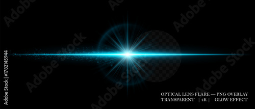 Horizontal optical lens flare with glowing dust and luminous beam. Great for cinematic overlays, highlight accents, and futuristic design compositions.
