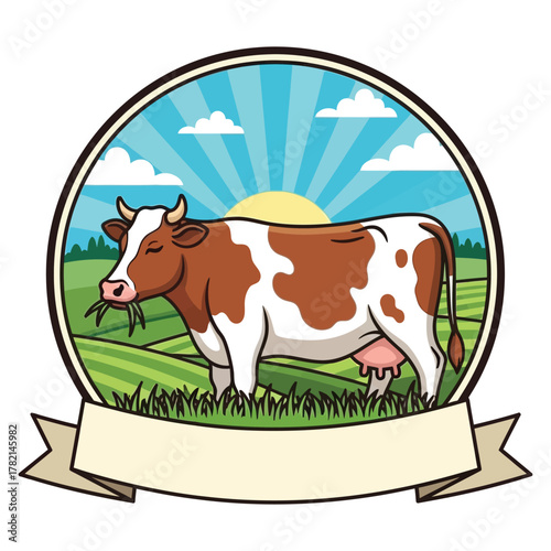 Vibrant brown and white cow grazing peacefully in a lush green field under a sunny sky, perfect for dairy branding and farm products.