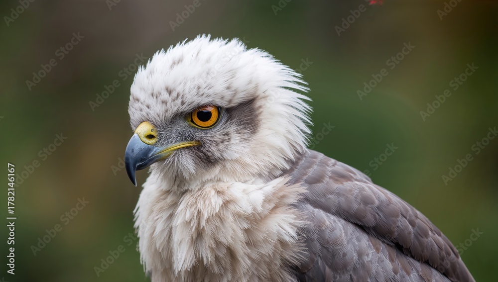 Obraz premium Close-up shot of a juvenile raptor in natural surroundings, highlighting its white feathers and sharp gaze