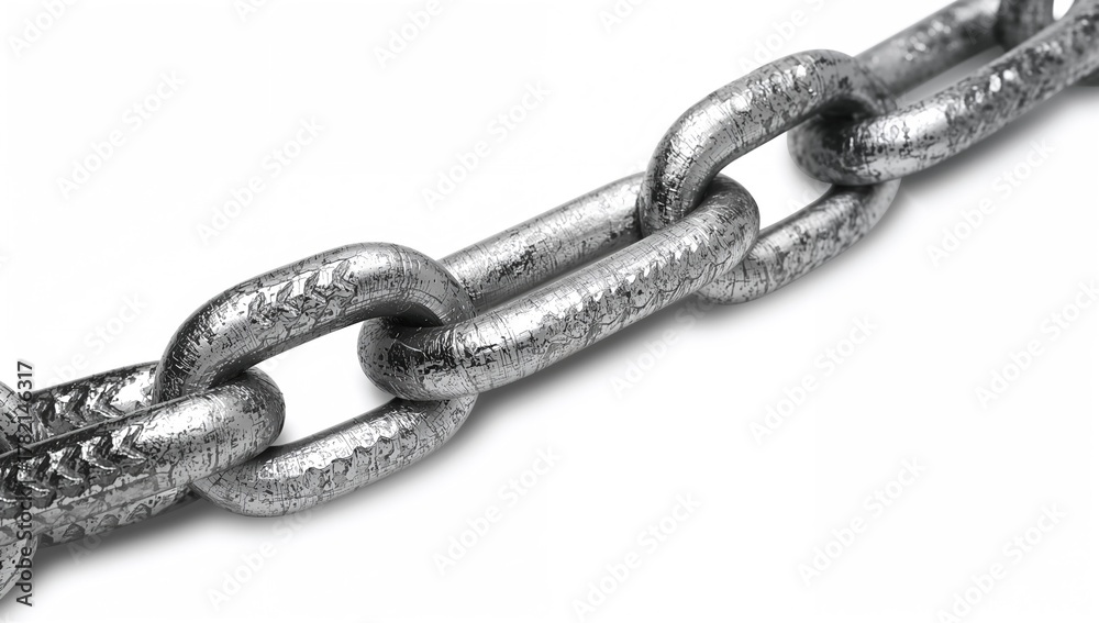 Obraz premium Close-up view of a metallic chain on a white backdrop, focus on durability and strength