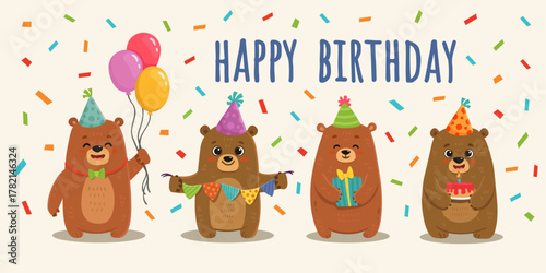Set of cute cartoon bears with birthday decoration. Teddy bear with balloons, cake, gift. Animal in flat style for greeting card, books, aktivity page, happy birthday postcard. Vector illustration