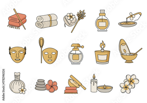 Spa and aromatherapy icons depicting towels masks oils candles stones and flowers