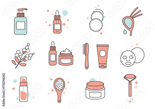 Twelve icons representing skincare products and tools arranged in three rows of four