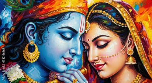 Lord krishna and radha in a tender embrace, painted in vibrant colors