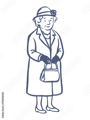 Elderly lady in coat with handbag, naive doodle line art vector