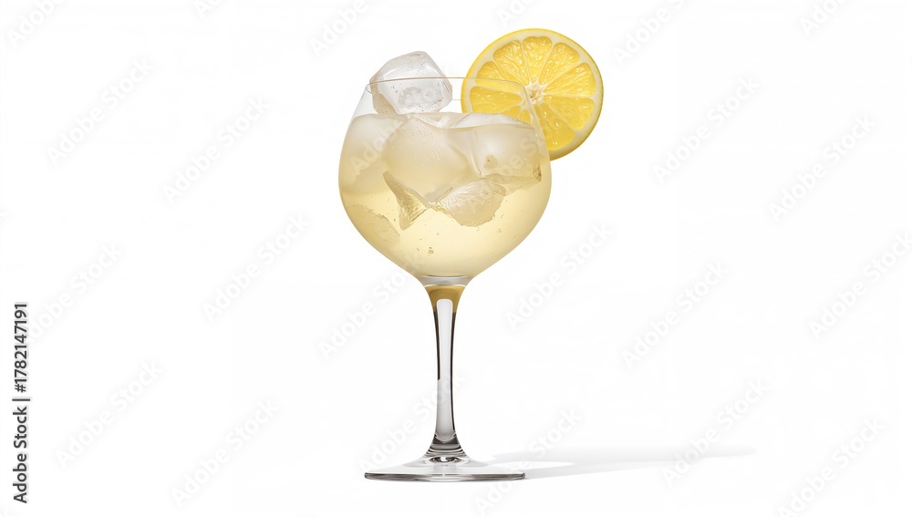 Fototapeta premium Lemon cocktail featuring sparkling wine and ice cubes served in a wine glass, refreshing beverage choice