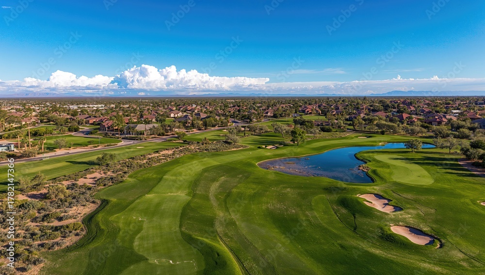 Obraz premium Aerial perspective of a golf course, showcasing green landscapes and fairways, urban density