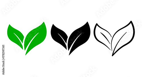 Two green leaf icon set, minimal eco flat line vector