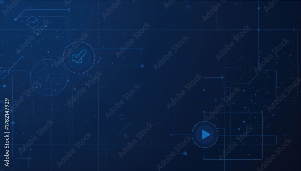 Obraz premium Circular scanning devices analyzing information with a play icon on a deep blue backdrop. Digital network interface, data flow, connectivity, and worldwide communication, computer-generated graphic.
