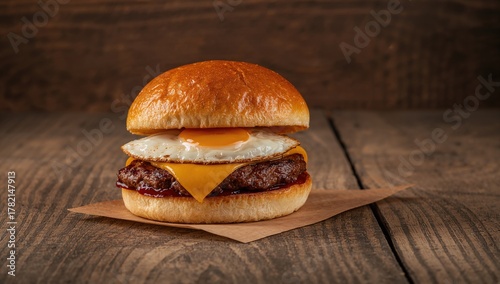 Fototapeta Naklejka Na Ścianę i Meble -  Hamburger featuring beef patty and egg on a wooden surface, protein-rich meal