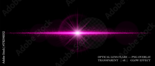 Optical lens flare with glowing core, scattered particles, and horizontal beam. Perfect for overlays, cinematic highlights, and futuristic visual effects in digital design.