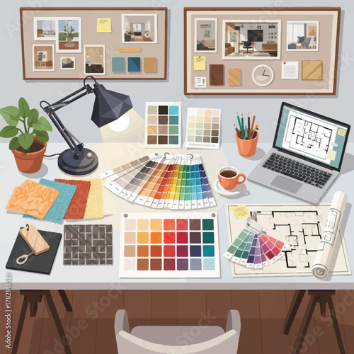 Interior design workspace with mood boards, color swatches, blueprints, and a laptop displaying floor plans.