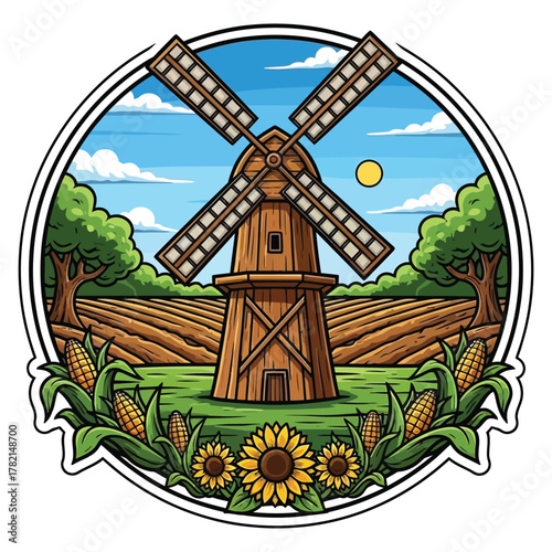 Vibrant countryside scene features a rustic wooden windmill amidst golden fields, lush trees, and blooming sunflowers under a bright sunny sky.