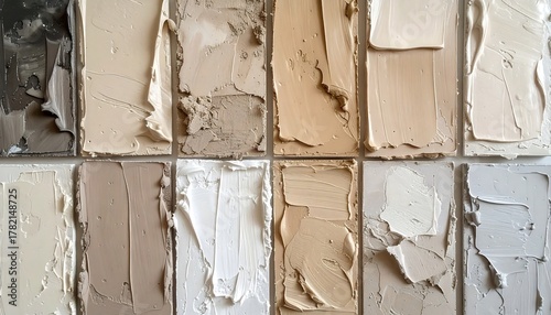 Close-up of multiple rectangular swatches, showing shades of neutrals, with thick, textured application