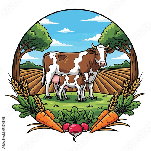 Vibrant farm scene showcases mother cow and calf amid lush fields, bountiful carrots, radishes, and wheat, evoking healthy, natural living and agriculture.