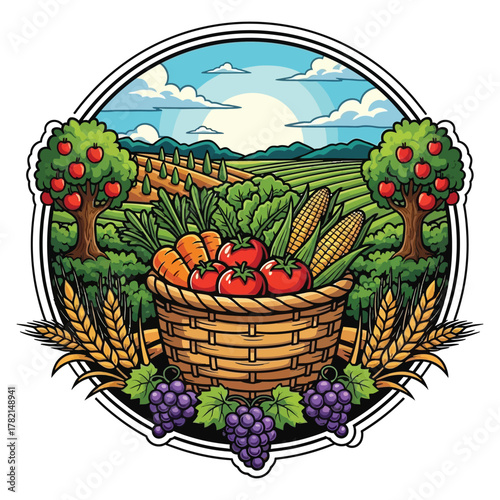 Abundant farm harvest basket overflowing with fresh tomatoes carrots corn apples and grapes under a sunny sky