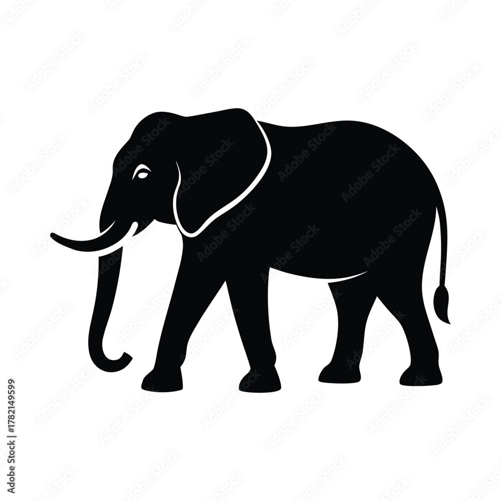 Fototapeta premium Black silhouette of an elephant walking on white background