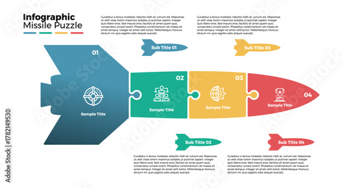 Infographic 4 missile shape options with puzzle shaped options, complete with vector icons, for business presentations, web, business reports and posters.