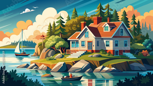 Very beautiful view of a cozy cottage on a small rocky island with the coastal town of Boothbay Harbor, Maine, USA in the background, featuring calm ocean waters, colorful buildings, and a realistic 